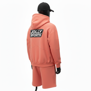 Ensemble sweat à capuche et short pour homme, 320 GSM, en molleton doux mélangé coton, avec empiècement pêche uni et logo thermocollé personnalisé. - Product Image 5