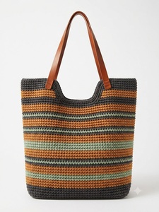 Sac fourre-tout en crochet rayé noir beige gris style bohème à ouverture supérieure pour femme toutes saisons - Product Image 3