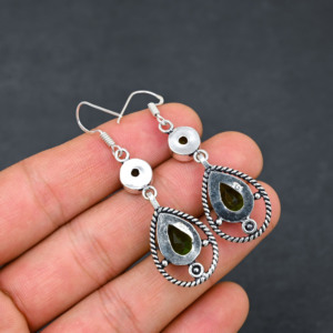 Customised Lab-Created <b>Green</b> Peridot Gemstone 1.90" Inch Pear Bezel Setting Sterling Silver Plated Luxury Wedding <b>Earrings</b> - Product Image 3