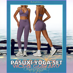 Ensemble de yoga violet uni, sans couture sur le devant, respirant, en Spandex/Nylon, avec leggings taille mi-haute longueur intégrale et haut à col rond à bretelles non convertibles - Product Image 3