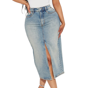 Factory Rate High Rise Midi Skirt for Women Button Zip Fly Closure Breathable Denim Long High Waist Casual Style Split Natural - Product Image 1