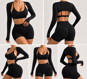 Ensemble de yoga sans couture pour femme : soutien-gorge de sport, short taille haute, shrug à manches longues, séchage rapide, extensible, pour fitness et gym - Product Image 3