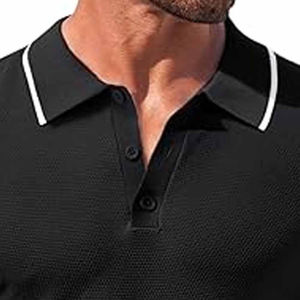 Camiseta de Manga Corta para Hombre, Color Sólido, Tejida, 100% Algodón, Corte Regular, Informal, Negra, Transpirable, con Botones, para Invierno - Product Image 2