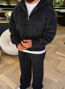 เสื้อฮู้ดผสมขนแพะโมแฮร์หนานุ่มแบบซิปเต็มตัว เสื้อฮู้ดสตรีทแวร์ผู้ชาย ผ้าถักเนื้อนุ่มไล่เฉดสี เสื้อแจ็คเก็ตมีฮู้ดขนโมแฮร์แบบทำสีซีดจาง - Product Image 3