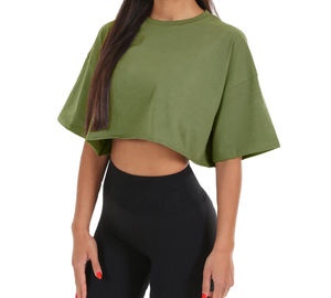Women's Red Crop <b>Top</b> Black White Stripe Crew Neck Drop Shoulder Short Sleeve Breathable Eco-Friendly Casual Canvas T-Shirt 100% - Product Image 4