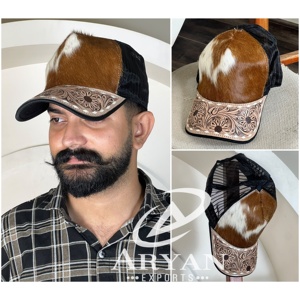 Nuevo Diseño de Gorra Trucker de Cuero Vacuno con Diseño Floral Hecho a Mano, Visera Curva con Parche de Cuero Vacuno, Sombrero Vaquero Occidental para Hombre y Mujer - Product Image 1