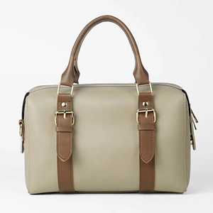 Sac Boston classique en cuir véritable, deux poignées, fermeture à glissière, durable, unisexe, usage quotidien, beige avec sangles marron - Product Image 1
