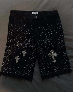 Pantalones Cortos de Mezclilla Rectos para Hombre, Cintura Media, Desgastados, con Estampado de Purpurina Cruzada, Estilo Punk Ecológico, para Verano, 100% Algodón Tejido Oscuro - Product Image 3