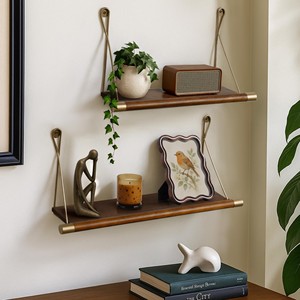 Double Walnut Wood Brass Divider Mid Century Modern <b>Wall</b> <b>Shelves</b> <b>Floating</b> <b>Shelves</b> OEM Custom Wholesale | Aqudus Saleem India - Product Image 1