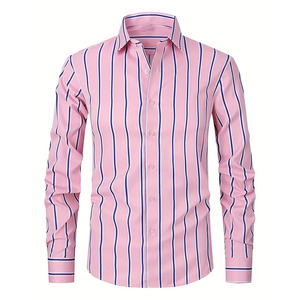 Camisa informal a rayas rosas para hombre, camisa de manga larga con botones y cuello vuelto, ropa de trabajo de oficina, camisa de moda para hombre - Product Image 1