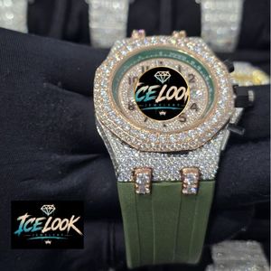 สำหรับ LOOK JEWELERY นาฬิกาควอทซ์สุดหรูสำหรับผู้ชาย 41 มม. ประดับเพชร ตัวเลขโรมัน สายซิลิโคนสีเขียว หน้าปัดอะนาล็อกโครโนกราฟ - Product Image 4