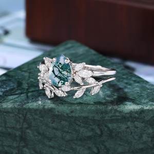 Ensemble de bagues de fiançailles en agate mousse poire avec grappe de moissanite, alliance de mariage pour femme, bijoux fins OEM ODM - Product Image 5