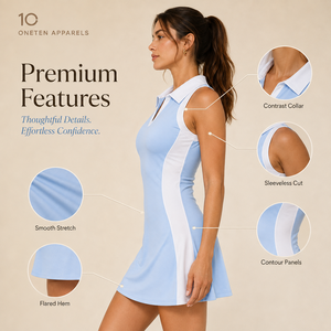 Robe de tennis sans manches pour femme avec logo personnalisé, bleu clair, col contrastant, coupe ajustée, ourlet évasé, polyester/coton, fermeture éclair sur le devant, style sportif - Product Image 3