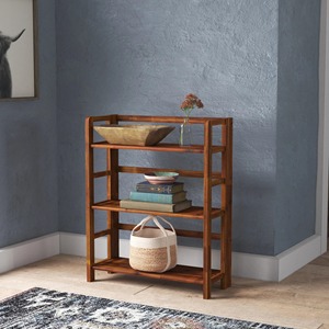 Classic Wooden <b>Bookcase</b> Double Tier Storage Shelf Standing Type For Living Room Durable Lacquered Finish Rectangle Shape - Product Image 4