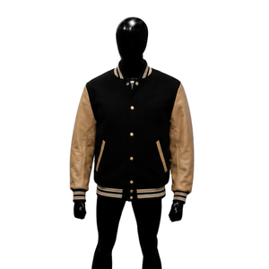 Chaqueta Varsity Negra de Lana con Mangas de Cuero Beige, Chaqueta Bomber de Béisbol Personalizada con Letras, para Hombre y Mujer, Venta al Por Mayor, Corte Clásico - Product Image 1