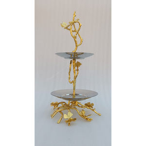 ถาดเสิร์ฟ 2 ชั้น สแตนเลสและทองเหลือง สำหรับของหวาน ผลไม้ ขนม คัพเค้ก และเค้ก ลายผีเสื้อ - Product Image 2