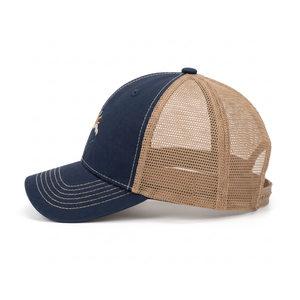 Gorra de béisbol trucker de malla azul marino con logo de sol y nube bordado personalizado premium, de 6 paneles, con cierre snapback, para hombres y mujeres, para exteriores. - Product Image 3
