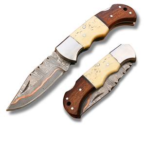 Cuchillo Plegable de Acero Damasco y Cobre con Bloqueo Trasero, Funda de Madera, Personalizado Cu Mai, para Bolsillo, EDC, Caza, Camping, OEM - Product Image 1