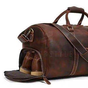 Waterproof Vintage Brown Leather <b>Travel</b> Duffle <b>Bag</b> Large Capacity Weekender Handbag With Luggage Tag And Dual Zippers - Product Image 2
