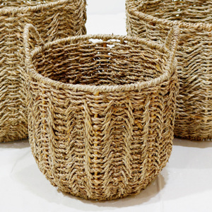 Handwoven Natural Rattan Round Storage <b>Basket</b> With Handles Rustic Style Clothing Storage Bin - Product Image 5