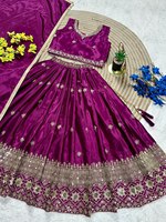 Set Lehenga Choli Sutra Magenta Anti Kusut Bordir Desainer untuk Anak Perempuan, Pakaian Pesta, Pernikahan India, Perayaan, Etnik