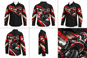 <b>Black</b> Long Sleeve Button-Up Shirt Motorcycle Racing Graphic Print Red <b>White</b> Abstract <b>Stripes</b> 100% Cotton Breathable Casual Men - Product Image 3