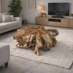 Mesa de Centro de Lujo con Base de Raíz de Teca, Hecha a Mano, Artística y Moderna, con Tapa de Vidrio, Modelo Sania, Mueble Decorativo para Vestíbulo de Hotel - Product Image 1