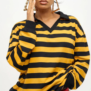 Chemise à manches longues rayée style rugby pour femmes grandes tailles, col en V surdimensionné, tricot en coton, haut décontracté respirant, chemises à manches longues - Product Image 3