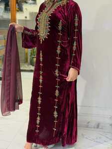 Women's Maroon Velvet Hand Beaded Floor Length <b>Kaftan</b> High Neck Long Sleeve <b>Plus</b> <b>Size</b> Lightweight Modest Dress Middle East Style - Product Image 3