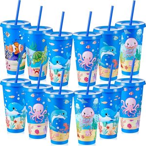 Juego de 12 Vasos Reutilizables de Plástico de 24 oz con Temática Submarina, con Tapas y Pajitas, Vajilla y Decoración para Fiestas de Cumpleaños - Product Image 1