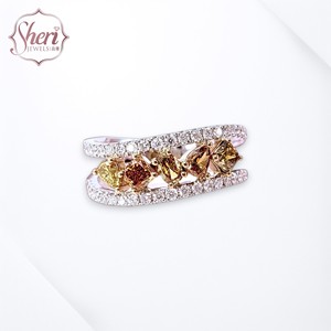 [Sheri Jewels] Anillo de Diamantes Naturales de Oro Blanco Sólido de 18K, Diamantes de Color Amarillo Marrón Dorado - Regalo para Ella - Product Image 1