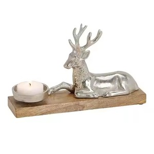 Silver Deer and Tree <b>Tea</b> <b>Light</b> Holder <b>Christmas</b> Home Decoration Metal Candle Stand with Wooden Base - Product Image 3