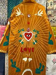 Screen Printed Knitted Suzani Love Jacket Boho Floral Statement <b>Coat</b> with Drawstring Closure (100% Cotton 50" Length) - Product Image 6