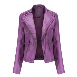Chaqueta ajustada para mujer, elegante, morada, con cierre de cremallera, múltiples bolsillos, manga larga, para usar en todas las estaciones, chaqueta de cuero genuino para mujer. - Product Image 1