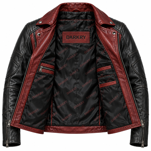 Blouson de motard en cuir véritable bicolore rouge et noir pour homme, style streetwear, vente en gros - Product Image 5
