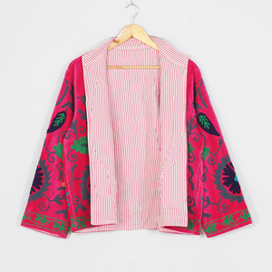 Women Velvet Embroidered <b>Jacket</b> Mandarin Collar Lantern Sleeve Floral Boho Style Autumn Coat Handmade Suzani <b>Pattern</b> - Product Image 2