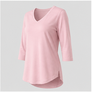 Camiseta holgada de manga tres cuartos con cuello en V en color rosa rubor para mujer WTS-0104 - Product Image 3