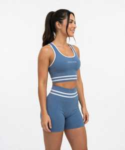 ONETEN APPAREL เสื้อกล้ามสปอร์ตบราคอกลมลายทางสำหรับผู้หญิง สีฟ้า ชุดออกกำลังกายโยคะ - Product Image 4