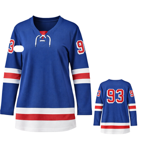 Camiseta de Hockey sobre Hielo para Mujer, 100% Poliéster, Absorbe la Humedad, Secado Rápido, Azul y Rojo, Deportiva, Manga Larga, Uniforme de Alto Rendimiento - Product Image 1