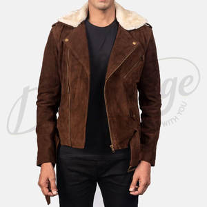 Chaqueta de Motociclista de Gamuza Marrón Chocolate Premium para Hombre, Chaqueta de Cuero Genuino con Cierre Asimétrico y Cinturón, con Cuello de Piel - Product Image 5
