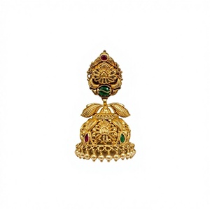 Pendientes Jhumka de Oro Sólido de 22K con Motivo de Lakshmi, Acabado Antiguo, Joyería India para Bodas, con Rubíes y Perlas, Regalo para Fiestas - Product Image 1