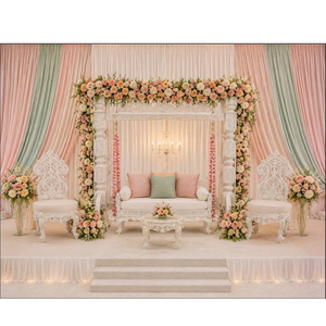 Elegante columpio de madera blanco para bodas con arco floral y sillas para escenario de Sangeet, ideal para decoración de fiestas temáticas de henna. - Product Image 1