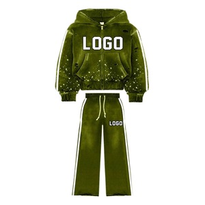 Chándal Unisex Verde Oliva con Capucha, Cierre de Cremallera, Manga Larga, Decorado con Pedrería, Color Sólido Informal, 100% Algodón, Ropa de Otoño - Product Image 1