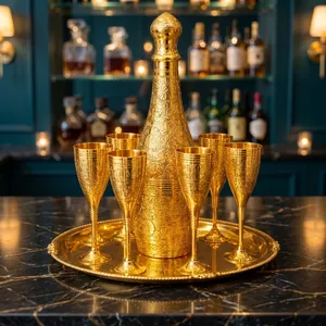 Ensemble de carafe à vin plaqué or de luxe avec 6 gobelets gravés, ensemble de verrerie traditionnelle en métal - Product Image 4