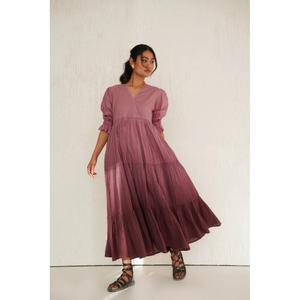 Gorgeous V-Neck A-Line Maxi <b>Dress</b> Cap Sleeve Simple Natural 100% Cotton <b>Tiered</b> Pleated Romantic Summer Style Women Wholesale - Product Image 2