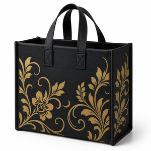 Sac fourre-tout en feutre non tissé noir, motif floral doré, fermeture ouverte, poignée longue, taille moyenne, usage quotidien, impression personnalisée - Product Image 3