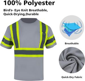 Chemises de sécurité réfléchissantes haute visibilité unisexes ANSI Classe 1 en coton anti-plis pour travaux de construction gris - Product Image 3