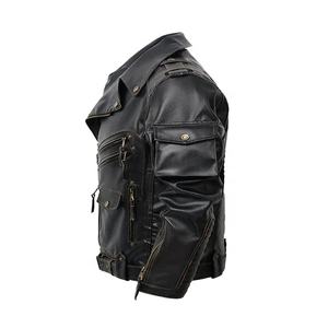 Veste en cuir véritable pour homme avec plusieurs poches, style moto, fermeture éclair, coupe ajustée, pour l'automne et l'hiver, veste au look différent - Product Image 4