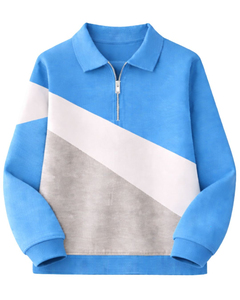 Pull décontracté pour homme en polyester tricoté, coupe droite, col rabattu, avec blocs de couleur bleus et fermeture éclair quart de tour, idéal pour l'automne - Product Image 1