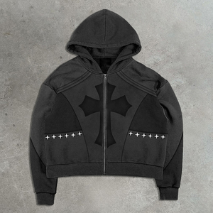 Sweat à capuche zippé surdimensionné pour homme, style rétro, avec rivets décoratifs, imprimé numérique, coupe courte, en molleton bouclette 450 g/m², délavé à l'acide, effet vieilli et patchwork - Product Image 4